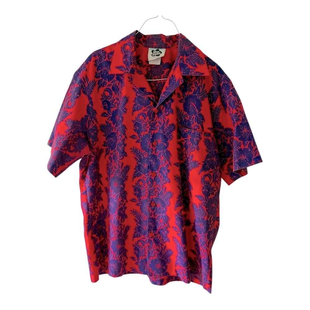 Vintage Hilo Hattie Hawaiian Shirt Men’s Large L Red Blue Tropical Aloha Camp